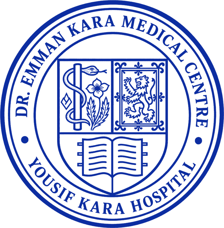 The seal of the Dr. Emman Kara Medical Centre, bearing the name Yousif Kara Hospital